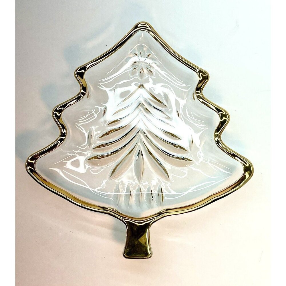 Vintage Mikasa Yuletide Crystal Dish Christmas Tree Shaped With Gold Trim Japan